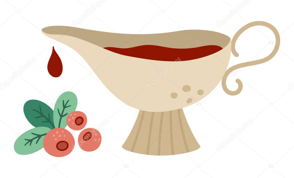 Vector gravy boat with cranberry and sauce. Traditional Thanksgiving food. Festive meal clipart. Holiday illustration