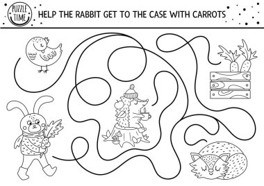Çocuklar için sonbahar siyah beyaz labirent. Okul öncesi yazdırılabilir etkinlik veya boyama sayfası. Şirin orman hayvanlarıyla dolu komik bir sonbahar bulmacası. Tavşanın havuç yemesine yardım et. Orman hattı gam