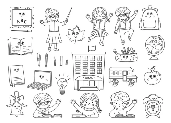 Tillbaka Till Skolan Svartvita Kawaii Vektor Uppsättning Element Pedagogiska Clipart — Stock vektor