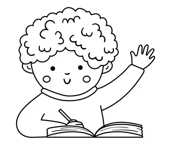 Вектор Черно Белый Счастливый Школьник Поднятой Рукой Иллюстрация Школьного Класса — стоковый вектор