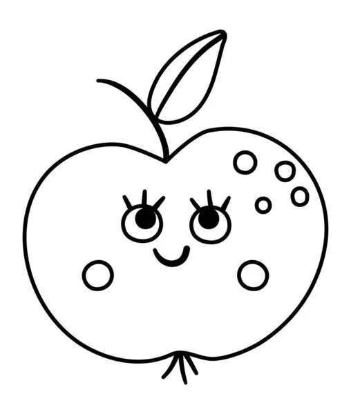 矢量黑白相间的Kawaii苹果插图 回到学校的教育界 可爱的轮廓风格 微笑的水果与眼睛 孩子们的滑稽线条图标 — 图库矢量图片