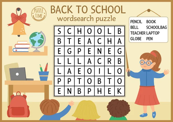 Διάνυσμα Πίσω Στο Σχολείο Παζλ Αναζήτηση Λέξεων Για Παιδιά Απλό — Διανυσματικό Αρχείο