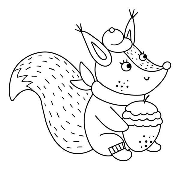 Niedliches Schwarz Weißes Eichhörnchen Mit Eichel Mütze Und Schal Vektor — Stockvektor