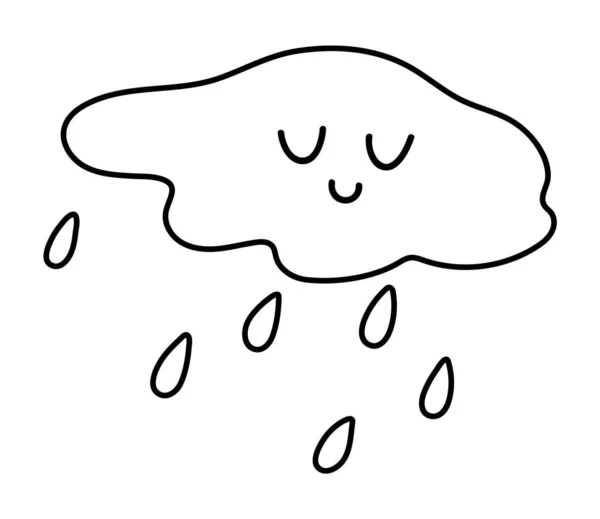 Mignon Nuage Souriant Noir Blanc Avec Des Gouttes Pluie Vecteur — Image vectorielle