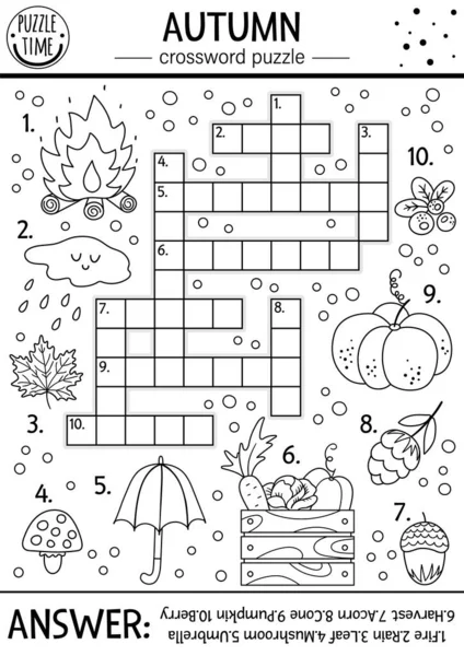 为孩子们设计的黑白秋季填字游戏 简单的儿童秋季森林物品测试大纲 教育活动或配以可爱有趣的林地动物的彩色网页 — 图库矢量图片