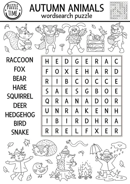 针对儿童的黑白秋季搜索字谜 简单的纵横字谜与秋天森林动物的孩子们 具有可爱林地特征的线教育关键词活动 — 图库矢量图片