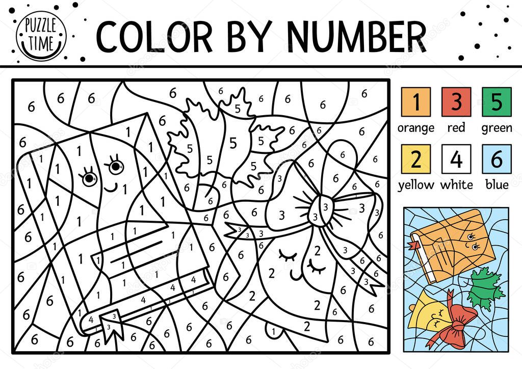 Vector color by number activity with cute kawaii book, bell and maple leaf. Back to school coloring and counting game with comic characters. Funny autumn coloration page for kids.