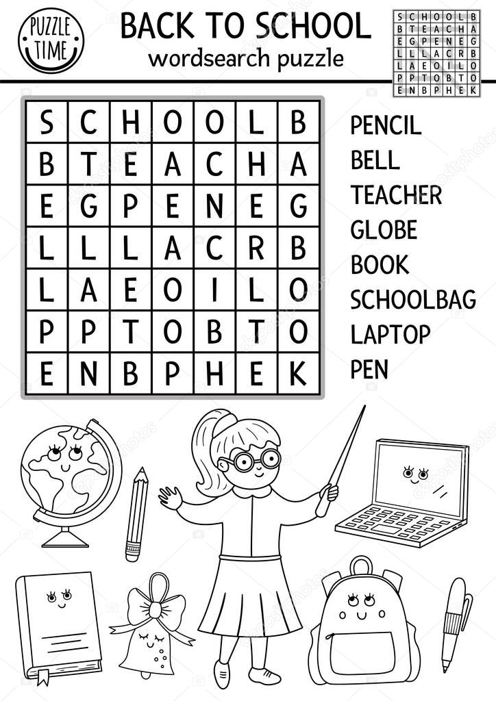 Vector black and white back to school wordsearch puzzle for kids. Simple autumn outline crossword or coloring page. Educational keyword activity with teacher and smiling kawaii school objects.