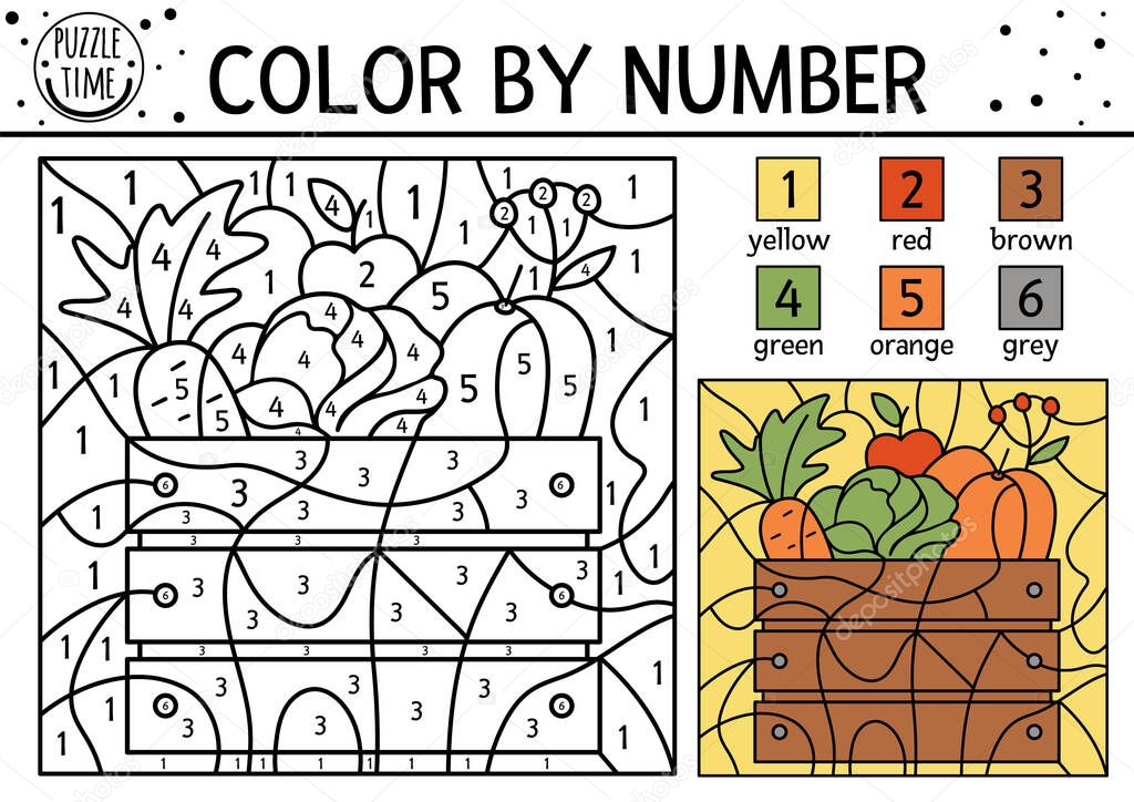 Vector autumn color by number activity with harvest in wooden box. Fall, Thanksgiving Day or garden coloring and counting game with vegetables. Funny coloration page for kids.