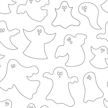 Vektör siyah ve beyaz, vektör hayaletlerle kusursuz desen. Cadılar Bayramı partisinin ana hatlarını komik ajanlarla tekrarla. Autumn Samhain partisi için korkutucu dijital kağıt