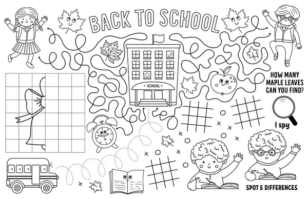 Vector Back School Placemat Kids Fall Printable Activity Mat Maze — Stock Vector