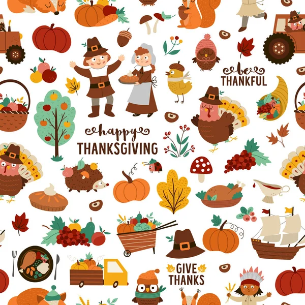 Vector Thanksgiving Seamless Pattern Autumn Repeat Background Funny Pilgrims Native — Stock Vector