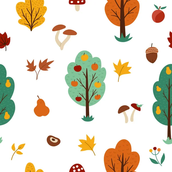 病媒秋季森林或花园无缝模式与果树 秋天的苹果和梨园重复背景 天然绿色数码纸E — 图库矢量图片