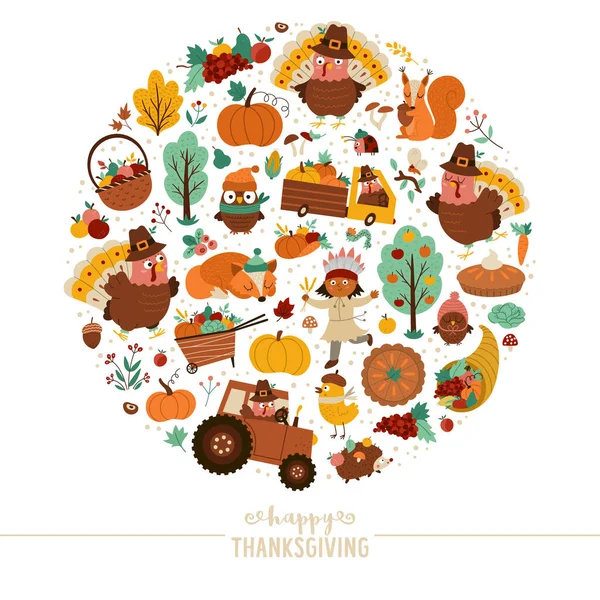 Vector Frame Comic Turkey Forest Animals Thanksgiving Elements Pumpkins Harvest — Stock Vector