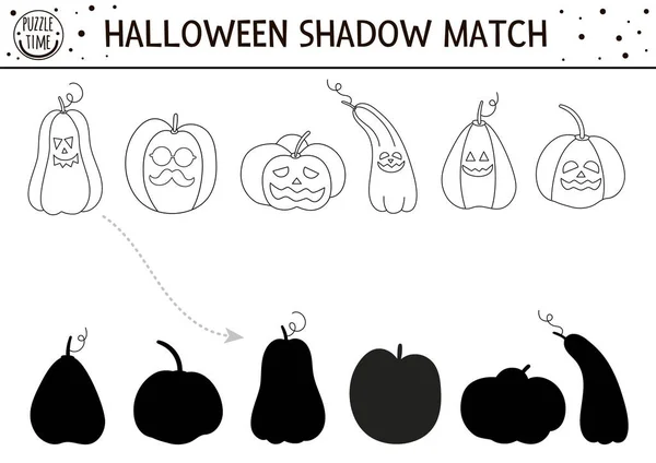 Halloween Svart Och Vit Skugga Matchande Aktivitet Hösten Skissera Pussel — Stock vektor