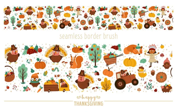 Векторная Кисть Дня Благодарения Осень Повторить Горизонтальный Фон Границы Индейкой — стоковый вектор