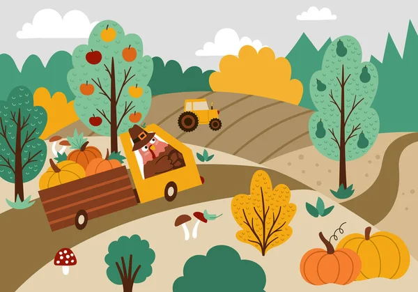 Otoño Paisaje Escena Con Campos Cosecha Naturaleza Camión Conducción Pavo — Vector de stock