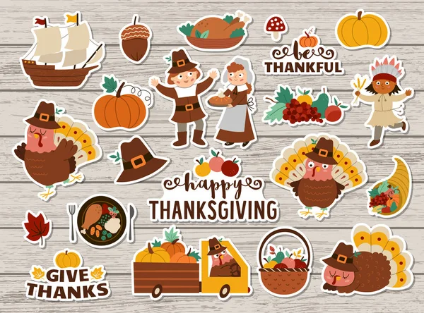 Vector Thanksgiving Sticker Set Herbstflecken Kollektion Mit Putzigem Truthahn Pilgern — Stockvektor