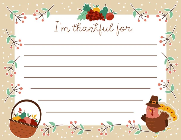 Vector Thanksgiving Card Thankful Horizontal Letter Template Cute Turkey Basket — Stock Vector