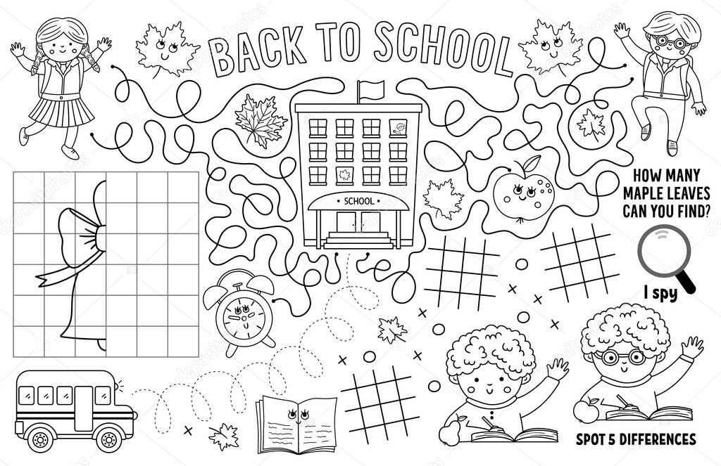 Vector back to school placemat for kids. Fall printable activity mat with maze, tic tac toe charts, connect the dots, crossword. Black and white autumn play mat or coloring page with teacher and pupil