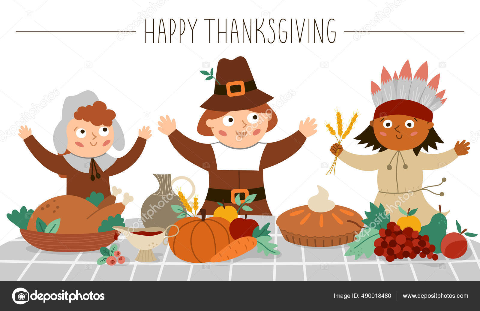 Image vectorielle Joyeux Pèlerins Amérindiens Rendent Grâce Pour Nourriture  Personnages Thanksgiving Day par ©LexiClaus - 490018480, image size:1600x1036