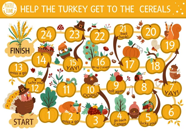 Thanksgiving Day Dobbelstenen Bordspel Voor Kinderen Met Schattige Kalkoen Bosdieren — Stockvector