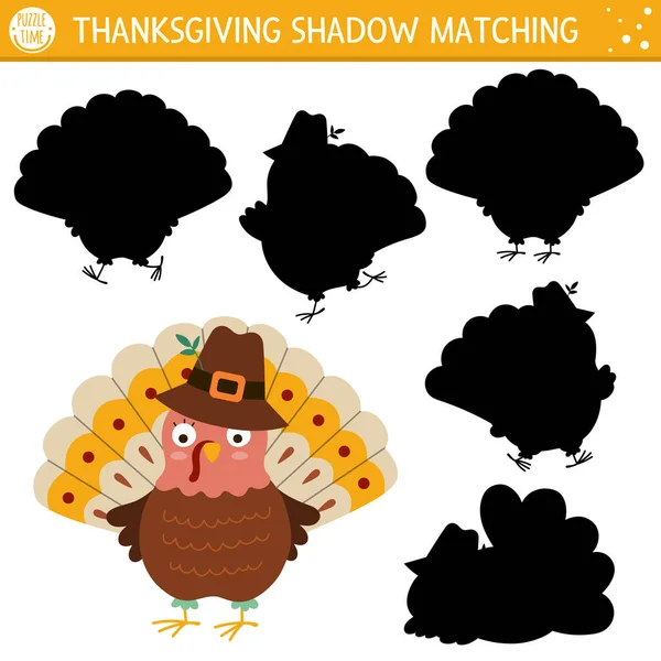 Thanksgiving Shadow Matching Activity Cute Turkeys Autumn Holiday Puzzle Traditional — Stock Vector