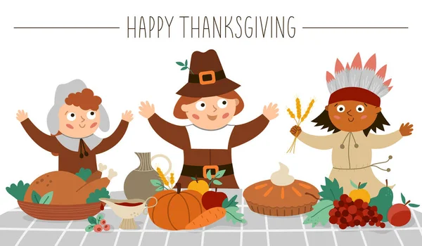 Gelukkige Pelgrims Indianen Danken Voor Het Eten Thanksgiving Day Personages — Stockvector