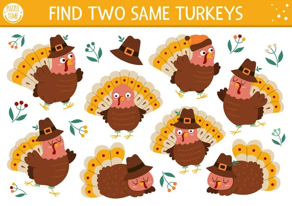Find Two Same Turkeys Thanksgiving Matching Activity Children Funny Autumn — Stock Vector