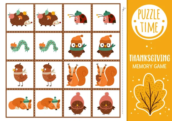 病媒秋天森林记忆游戏卡与可爱的动物 秋季匹配活动 记住并找到正确的卡片 适用于有松鼠的儿童的简易秋季可打印工作表 — 图库矢量图片