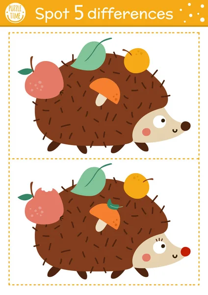 Find Differences Game Children Autumn Forest Educational Activity Hedgehog Mushroom — ストックベクタ