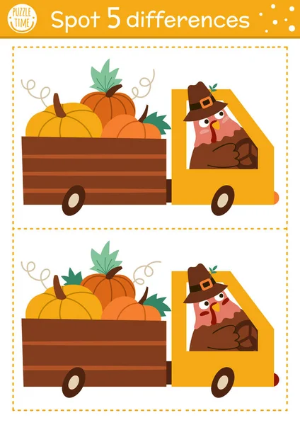 为孩子们找出不同的游戏 感恩节教育活动与有趣的火鸡驾驶一辆面包车与南瓜 可打印的工作表 孩子们的秋季假期难题 秋季学前教育I — 图库矢量图片