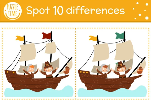 Find Differences Game Children Thanksgiving Educational Activity Pilgrims Sailing Ship — ストックベクタ