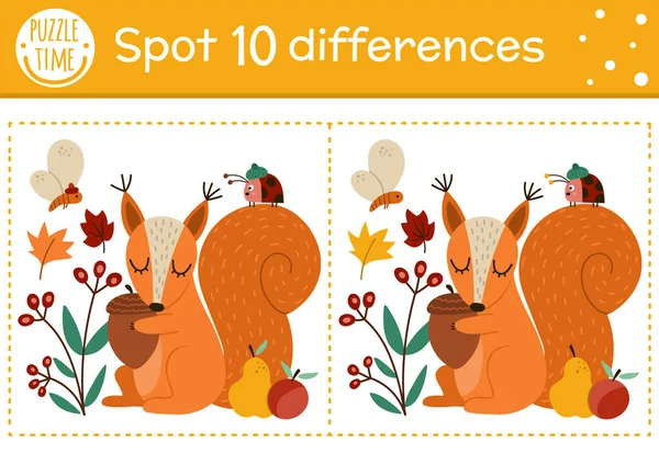 Find Differences Game Children Autumn Forest Educational Activity Squirrel Acorn — ストックベクタ