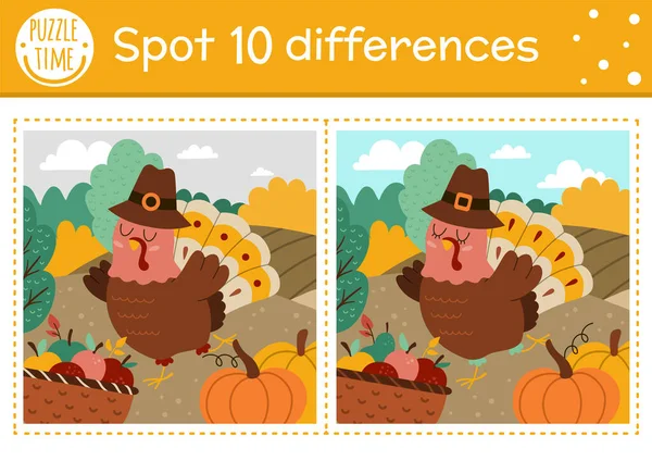为孩子们找出不同的游戏 感恩节教育活动与有趣的火鸡 苹果篮 可打印的工作表 孩子们的秋季假期难题 秋季学前教育I — 图库矢量图片