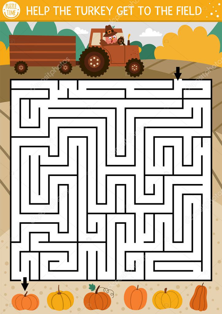 Thanksgiving Day maze for children. Autumn holiday preschool printable activity. Fall labyrinth game or puzzle with farm landscape, pumpkins, cute bird driving a tractor. Help turkey get to the fiel