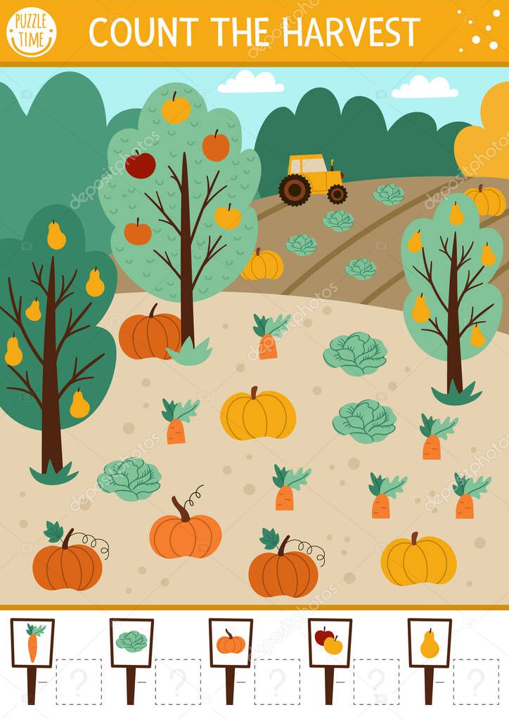Autumn counting game with harvest in the garden or field. Fall or Thanksgiving math activity for preschool children. Simple printable farm themed worksheet. Educational puzzle for kids.