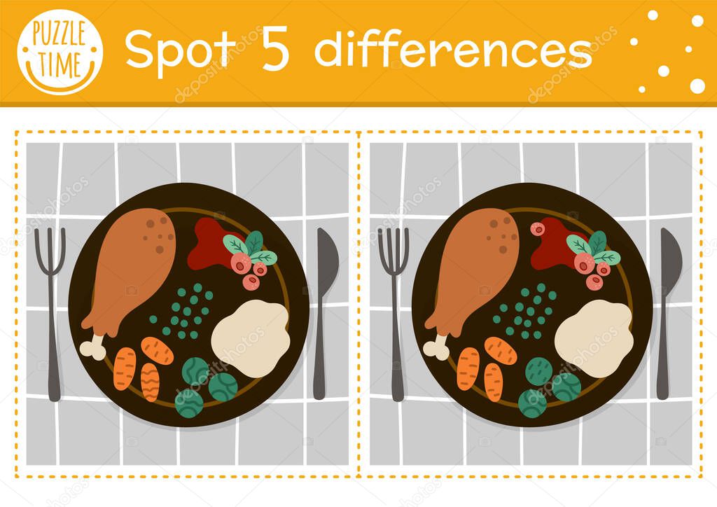Find differences game for children. Thanksgiving educational activity with traditional food on a plate. Printable worksheet with holiday meal. Autumn holiday puzzle for kids. Fall preschool shee