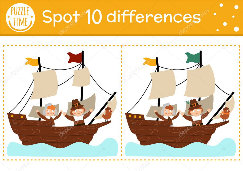 Find differences game for children. Thanksgiving educational activity with pilgrims sailing on a ship. Printable worksheet. Autumn historical holiday puzzle for kids. Fall preschool shee