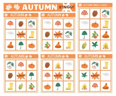 Vektör Autumn bingo kartları ayarlandı. Şirin balkabağı, mantar ve çocuklar için şemsiye içeren eğlenceli aile loto masası oyunu. Sonbahar piyango aktivitesi. Basit eğitimsel yazdırılabilir çalışma tablosu