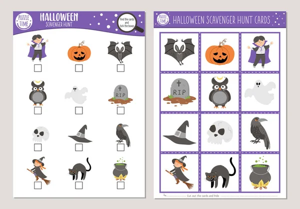 Vektor Halloween Scavenger Jaktkort Set Sök Och Hitta Spel Med — Stock vektor