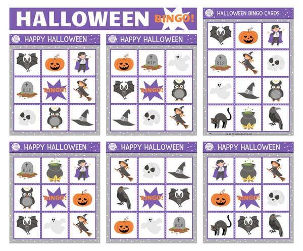 Vector Halloween Bingo Karten Set Lustiges Familien Lotto Brettspiel Mit — Stockvektor