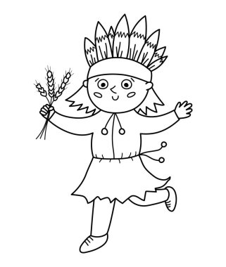 Beyaz arka planda izole edilmiş siyah beyaz bir Kızılderili. Şükran Günü karakterinin ana hatları. İlk Amerikan halkıyla sonbahar çizgisi ikonu. Sevimli sonbahar tatili yerel çizim oranı