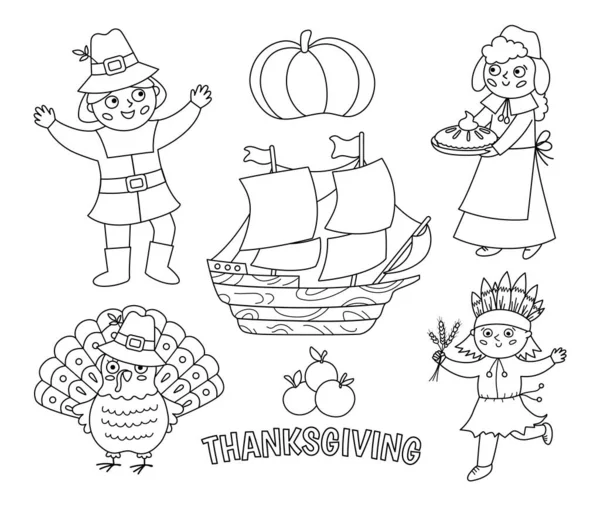 Black White Thanksgiving Day Characters Set Vector Autumn Line Icons — 图库矢量图片