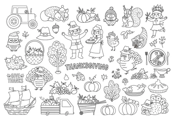 Набор Векторных Черно Белых Элементов Дня Благодарения Осенняя Коллекция Икон — стоковый вектор