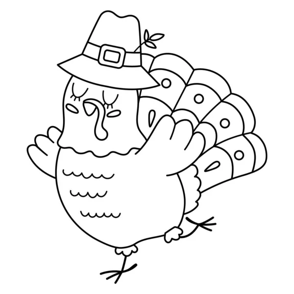 Vector Zwart Wit Thanksgiving Kalkoen Met Pelgrimshoed Herfst Vogel Lijn — Stockvector