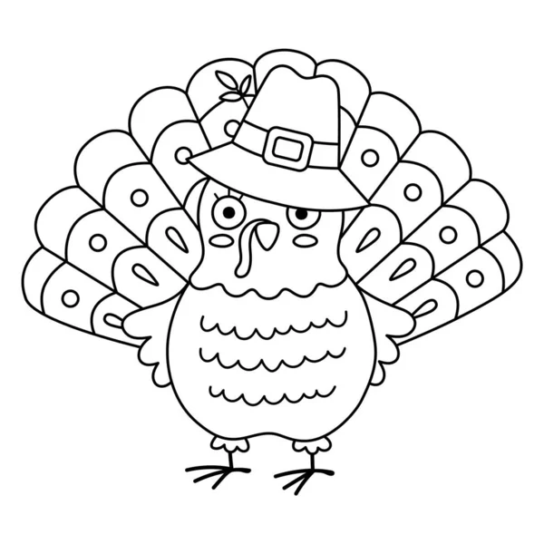 Vector Black White Thanksgiving Turkey Pilgrim Hat Autumn Bird Line — Stock Vector
