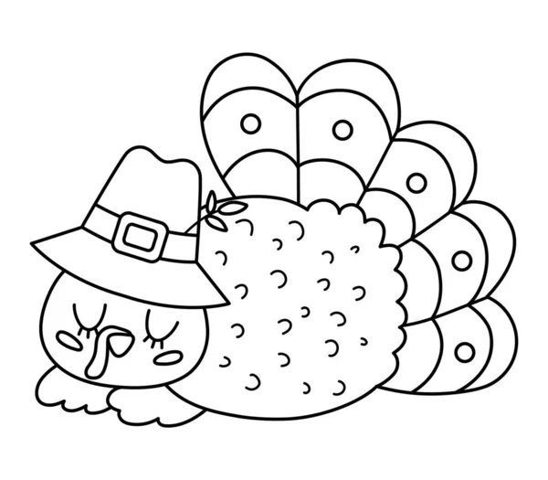 Vector Black White Thanksgiving Turkey Pilgrim Hat Autumn Bird Line — 图库矢量图片