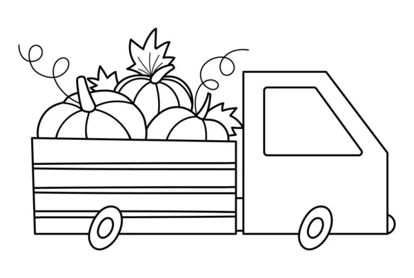 Vector Black White Thanksgiving Car Pumpkins Autumn Truck Line Icon — Stock Vector