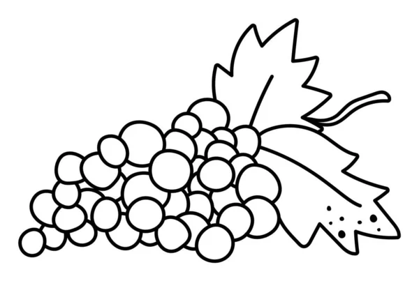 Vector Black White Grapes Leaves Autumn Fruit Line Icon Funny — 图库矢量图片